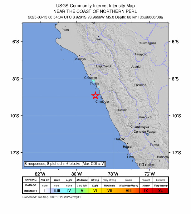 USGS DYFI community-reported intensity map for the M5.0 earthquake near 36 km W of Puerto Santa, Peru
