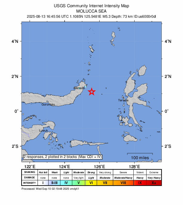 USGS DYFI community-reported intensity map for the M5.3 earthquake near 59 km SE of Bitung, Indonesia