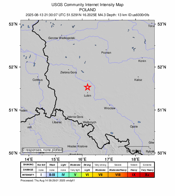 USGS DYFI community-reported intensity map for the M4.3 earthquake near 4 km NNW of Rudna, Poland