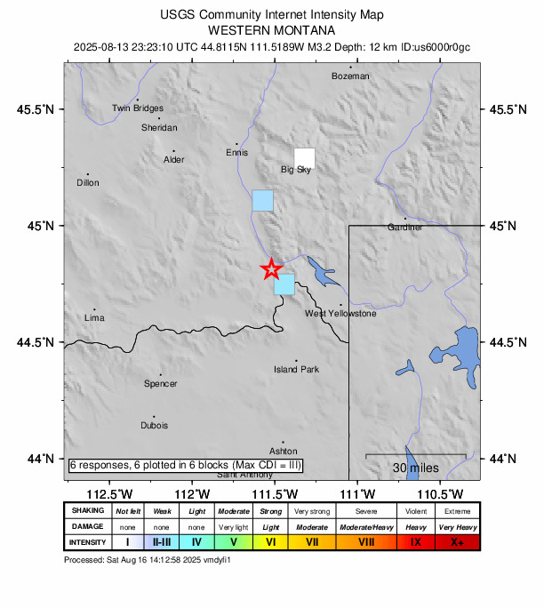 USGS DYFI community-reported intensity map for the M3.1 earthquake near 27 km W of Hebgen Lake Estates, Montana