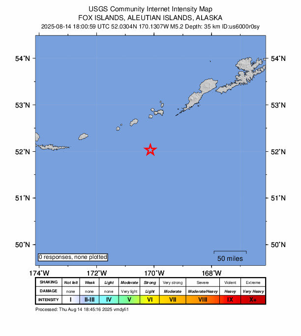 USGS DYFI community-reported intensity map for the M5.2 earthquake near 144 km SSW of Nikolski, Alaska