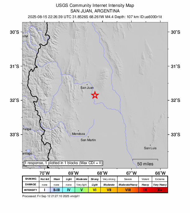 USGS DYFI community-reported intensity map for the M4.4 earthquake near 22 km S of Caucete, Argentina