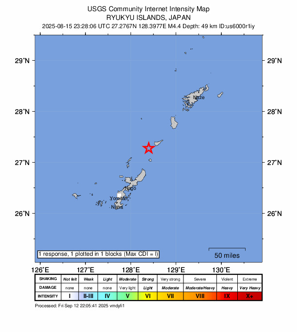 USGS DYFI community-reported intensity map for the M4.4 earthquake near 17 km WSW of China, Japan