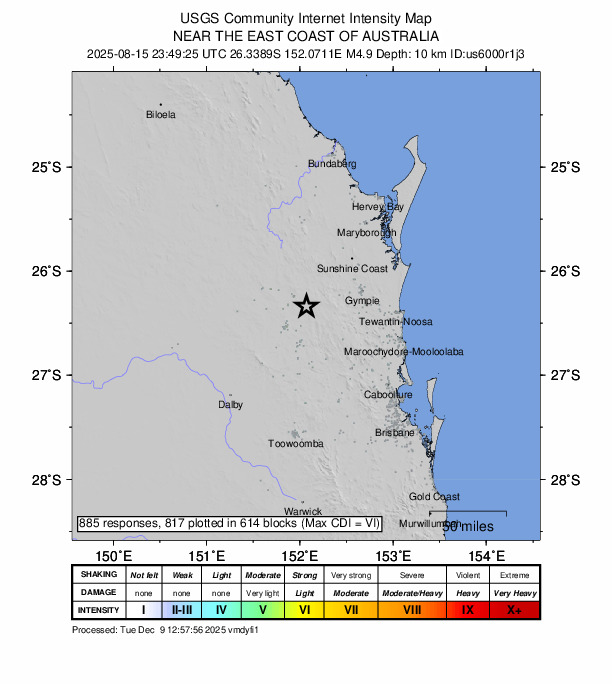 USGS DYFI community-reported intensity map for the M4.9 earthquake near 12 km ESE of Cherbourg, Australia