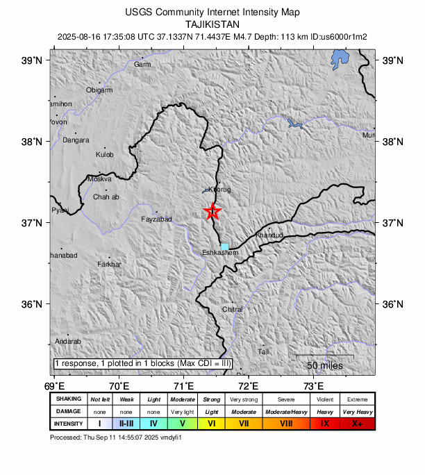 USGS DYFI community-reported intensity map for the M4.7 earthquake near 40 km SSW of Khorugh, Tajikistan