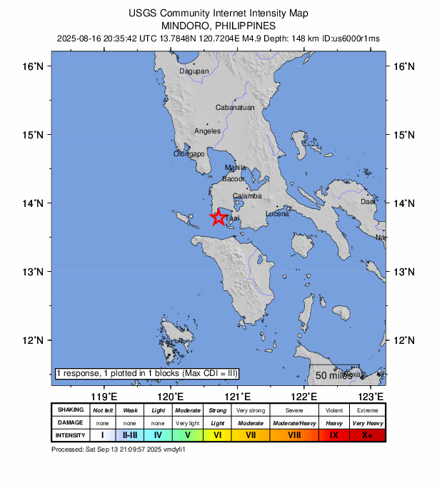 USGS DYFI community-reported intensity map for the M4.9 earthquake near 6 km SSE of Hukay, Philippines