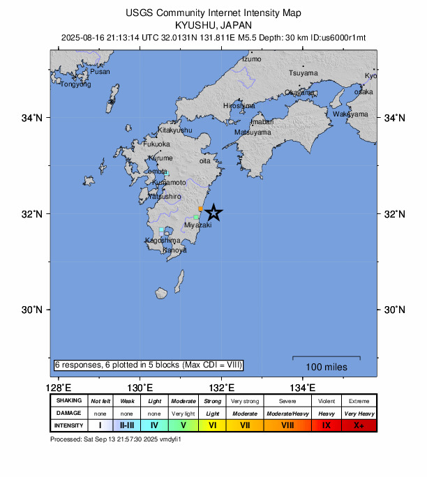 USGS DYFI community-reported intensity map for the M5.5 earthquake near 32 km ESE of Takanabe, Japan