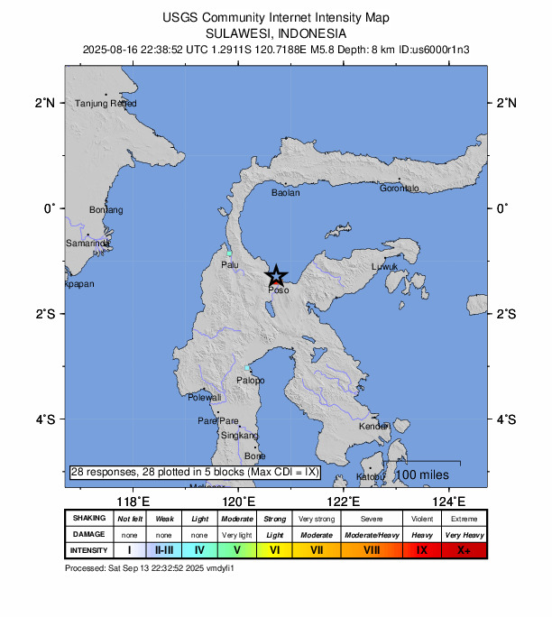 USGS DYFI community-reported intensity map for the M5.8 earthquake near 13 km NNW of Poso, Indonesia