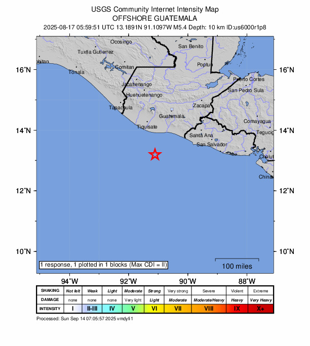 USGS DYFI community-reported intensity map for the M5.4 earthquake near 87 km SSW of Puerto San José, Guatemala