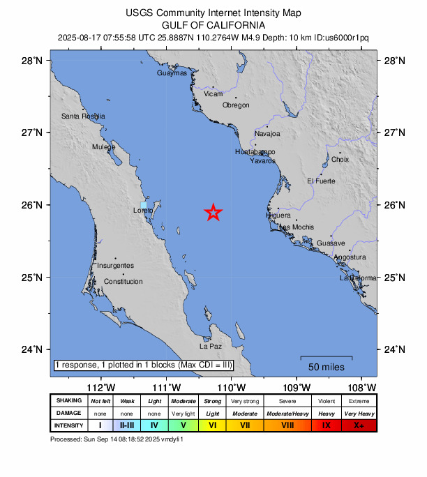 USGS DYFI community-reported intensity map for the M4.9 earthquake near 92 km W of Las Grullas Margen Derecha, Mexico
