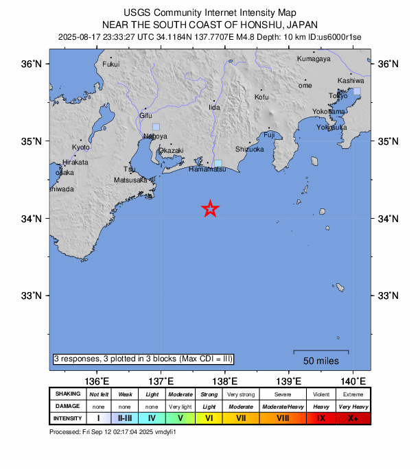 USGS DYFI community-reported intensity map for the M4.8 earthquake near 64 km S of Hamamatsu, Japan