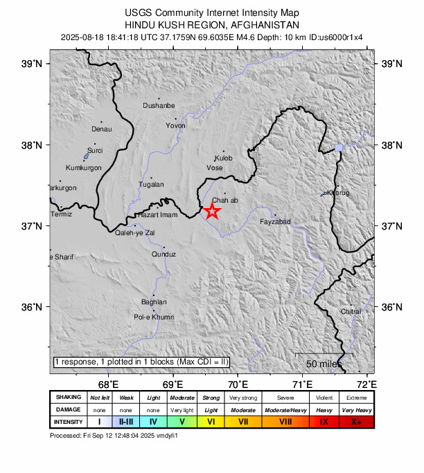 USGS DYFI community-reported intensity map for the M4.6 earthquake near 14 km NE of Ārt Khwājah, Afghanistan