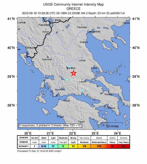 USGS DYFI community-reported intensity map for the M4.3 earthquake near 10 km SSW of Anávra, Greece