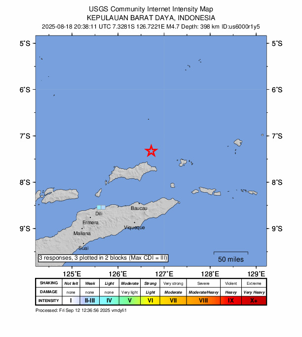 USGS DYFI community-reported intensity map for the M4.7 earthquake near 130 km NNE of Baukau, Timor Leste