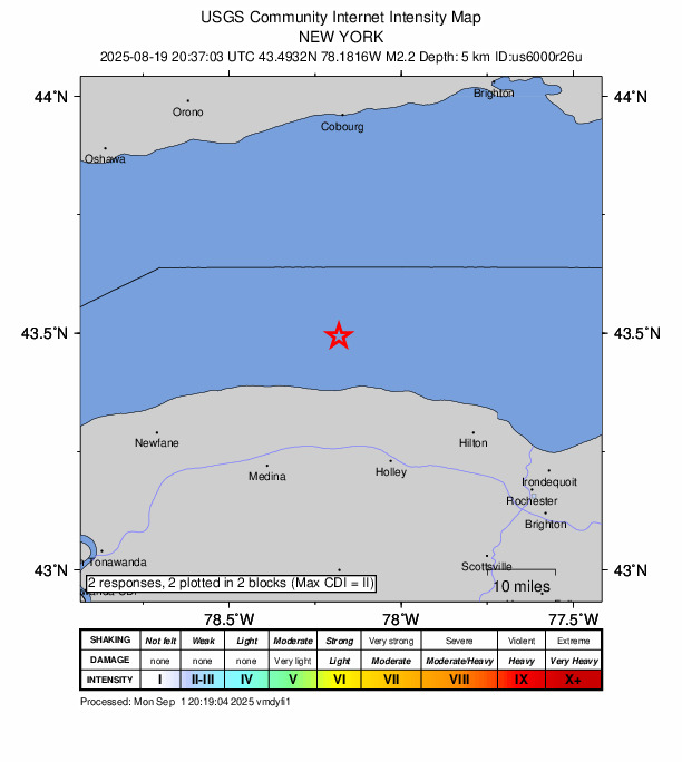 USGS DYFI community-reported intensity map for the M2.2 earthquake near 24 km NE of Lyndonville, New York