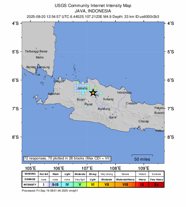 USGS DYFI community-reported intensity map for the M4.9 earthquake near 23 km SSE of Cikarang, Indonesia