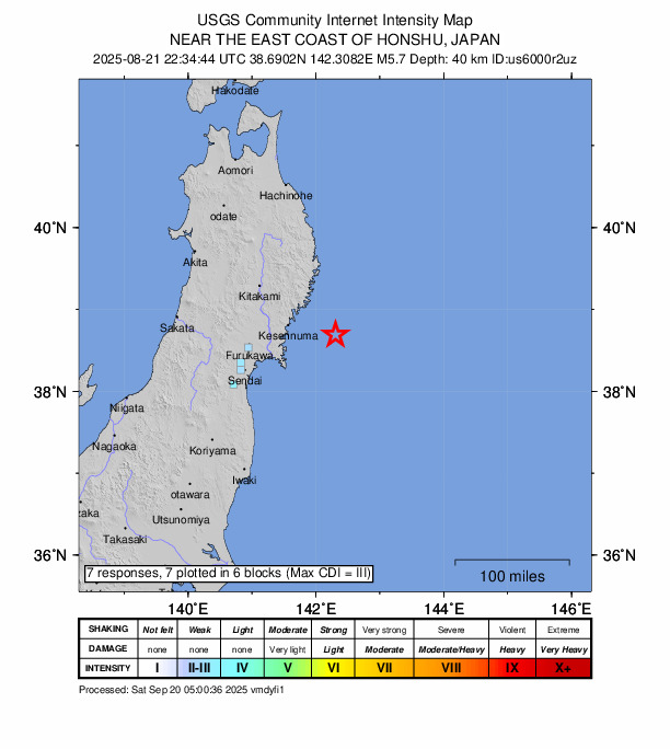 USGS DYFI community-reported intensity map for the M5.6 earthquake near 62 km SE of Ōfunato, Japan