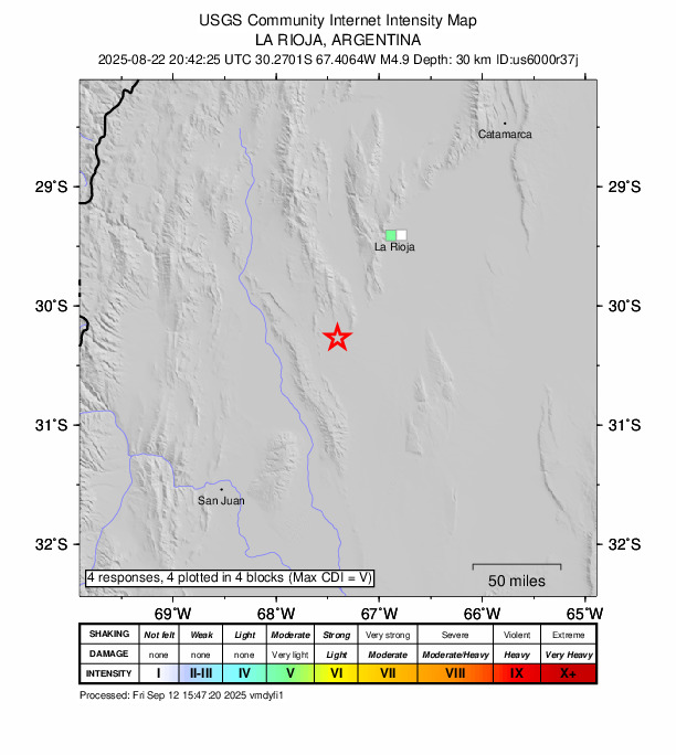 USGS DYFI community-reported intensity map for the M4.9 earthquake near 40 km N of San Agustín de Valle Fértil, Argentina