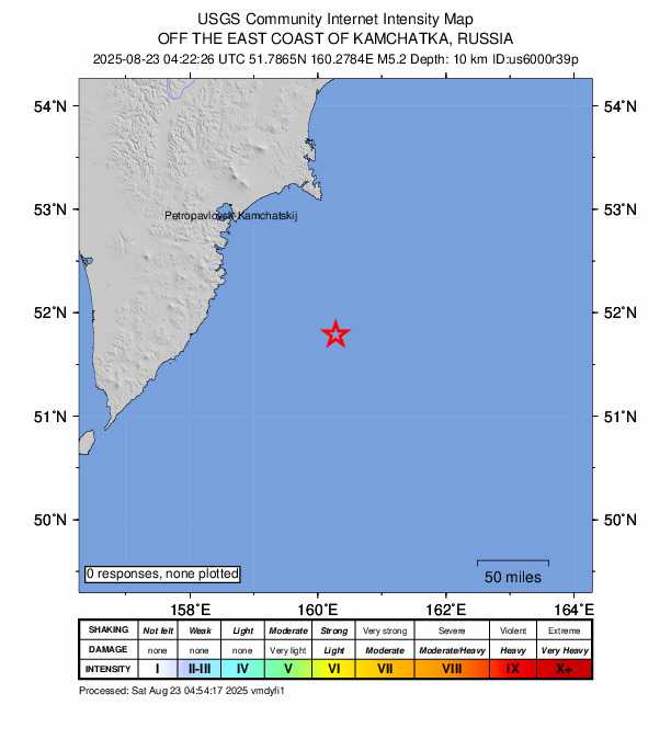 USGS DYFI community-reported intensity map for the M5.2 earthquake near 182 km SE of Vilyuchinsk, Russia