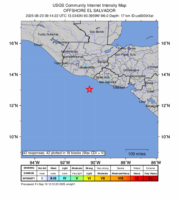 USGS DYFI community-reported intensity map for the M6.0 earthquake near 88 km SW of Acajutla, El Salvador