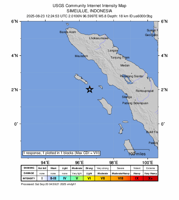 USGS DYFI community-reported intensity map for the M5.8 earthquake near 57 km SSE of Sinabang, Indonesia