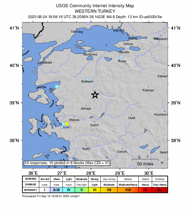USGS DYFI community-reported intensity map for the M4.8 earthquake near 4 km SW of Sındırgı, Turkey