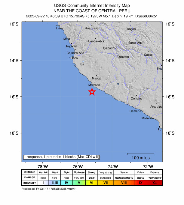 USGS DYFI community-reported intensity map for the M5.1 earthquake near 40 km S of San Juan, Peru