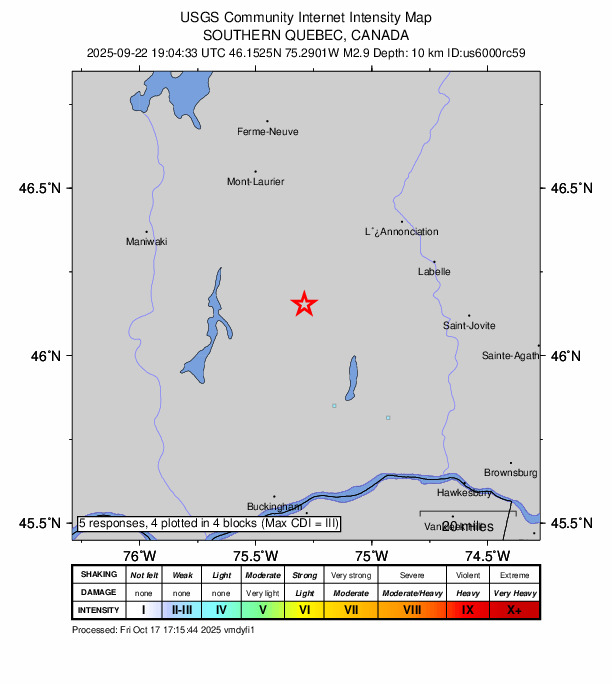 USGS DYFI community-reported intensity map for the M2.9 earthquake near 22 km NW of Notre-Dame-du-Mont-Carmel, Canada