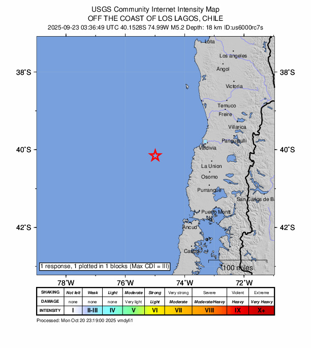 USGS DYFI community-reported intensity map for the M5.2 earthquake near 136 km WSW of Corral, Chile