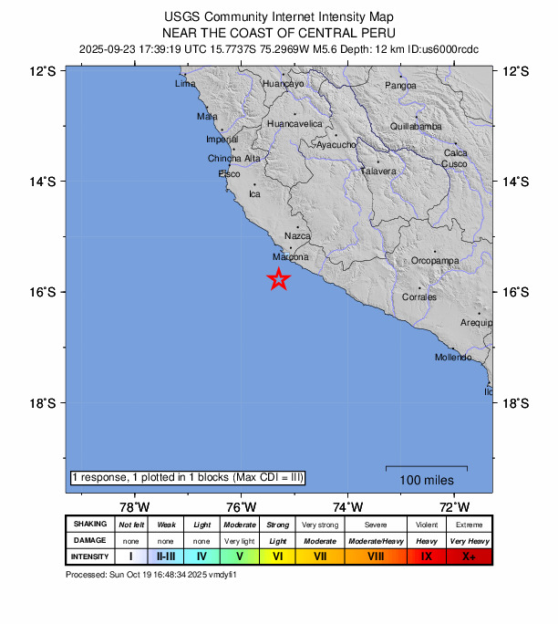 USGS DYFI community-reported intensity map for the M5.6 earthquake near 47 km SSW of San Juan, Peru