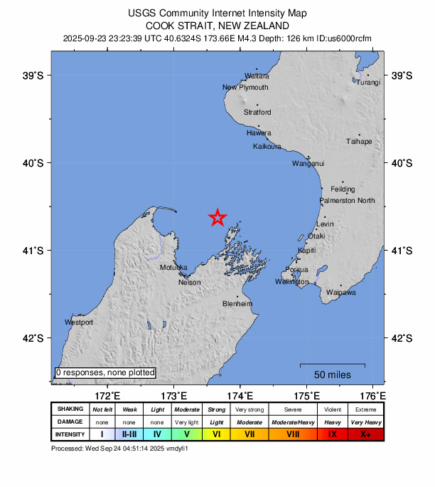 USGS DYFI community-reported intensity map for the M4.3 earthquake near 74 km NNE of Marybank, New Zealand