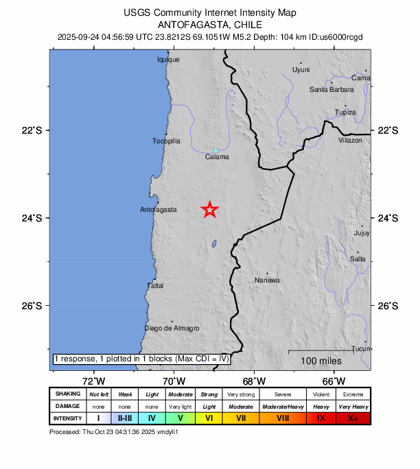 USGS DYFI community-reported intensity map for the M5.2 earthquake near 132 km E of Antofagasta, Chile