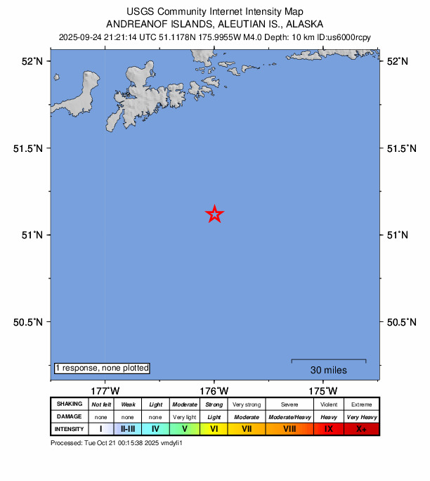 USGS DYFI community-reported intensity map for the M4.0 earthquake near 95 km SSE of Adak, Alaska
