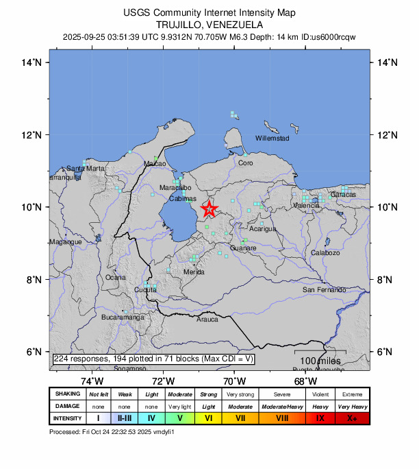 USGS DYFI community-reported intensity map for the M6.3 earthquake near 25 km ENE of Mene Grande, Venezuela