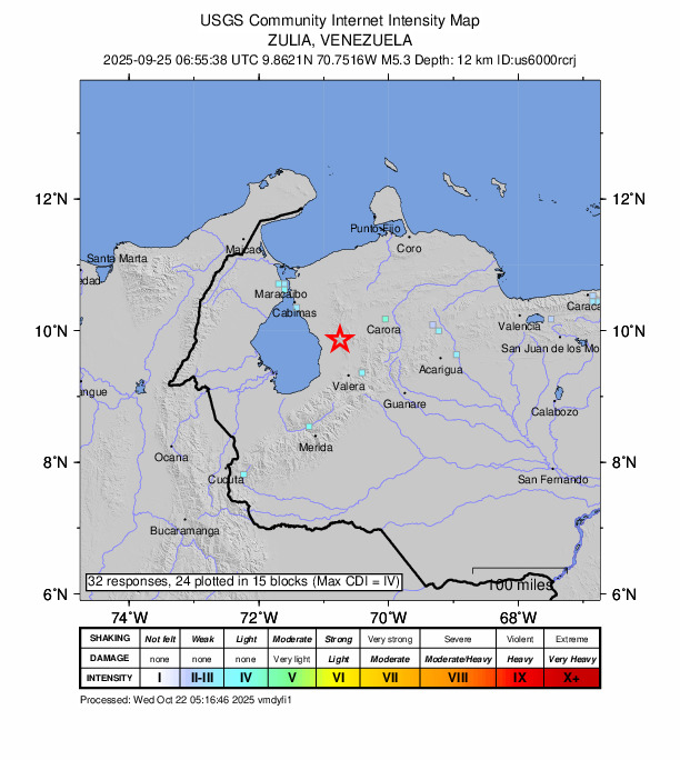 USGS DYFI community-reported intensity map for the M5.3 earthquake near 19 km E of Mene Grande, Venezuela