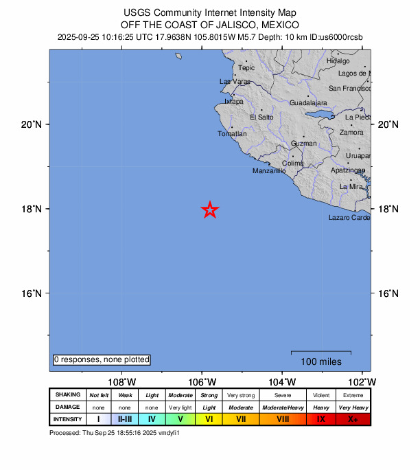 USGS DYFI community-reported intensity map for the M5.7 earthquake near 183 km SSW of Emiliano Zapata, Mexico