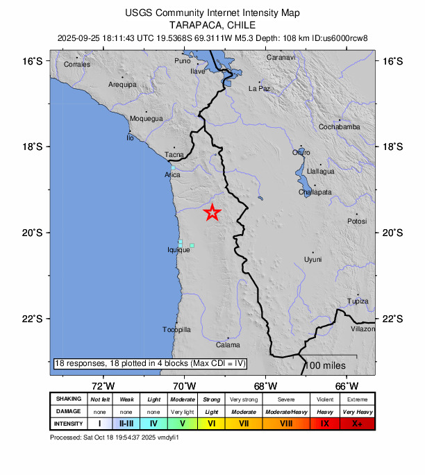 USGS DYFI community-reported intensity map for the M5.3 earthquake near 27 km SSE of Camiña, Chile