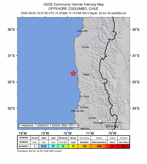 USGS DYFI community-reported intensity map for the M4.3 earthquake near 54 km W of Illapel, Chile