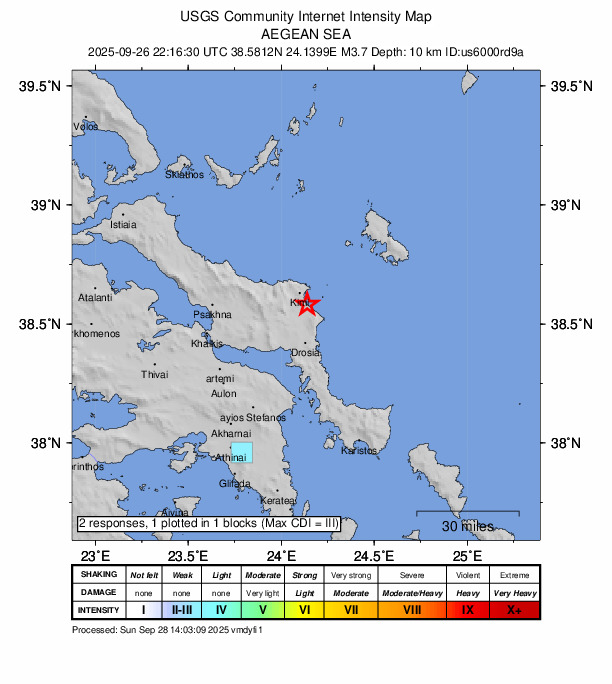 USGS DYFI community-reported intensity map for the M3.7 earthquake near 2 km E of Oxílithos, Greece