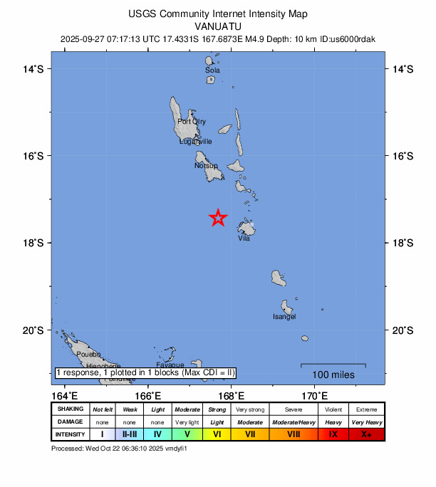 USGS DYFI community-reported intensity map for the M4.9 earthquake near 74 km WNW of Port-Vila, Vanuatu