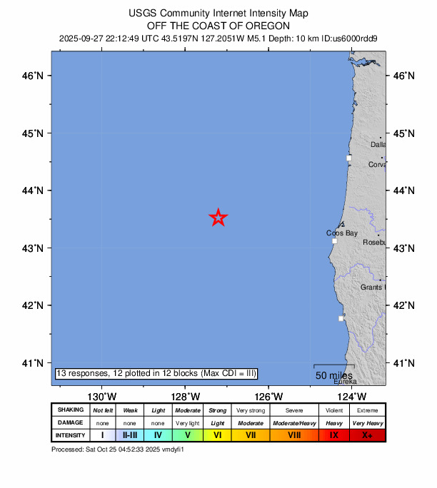 USGS DYFI community-reported intensity map for the M5.1 earthquake near 231 km W of Bandon, Oregon