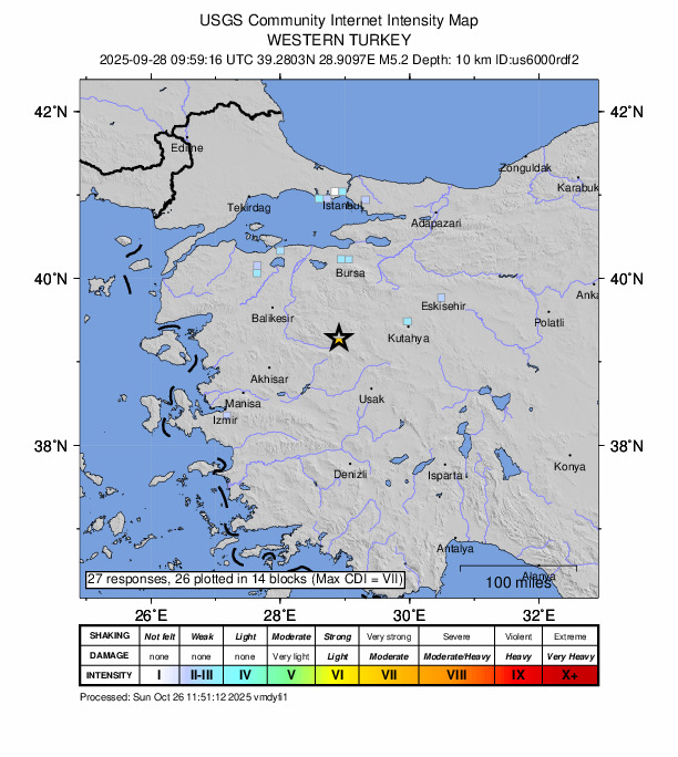 USGS DYFI community-reported intensity map for the M5.2 earthquake near 16 km NNW of Simav, Turkey