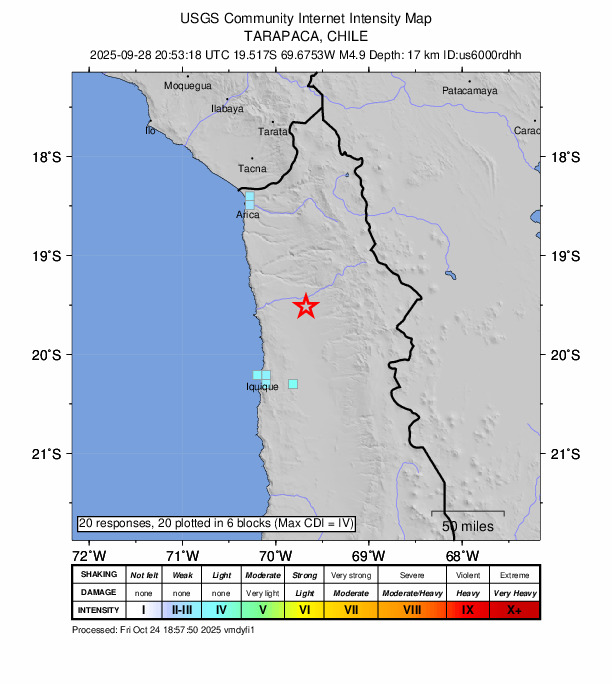 USGS DYFI community-reported intensity map for the M4.4 earthquake near 34 km SW of Camiña, Chile