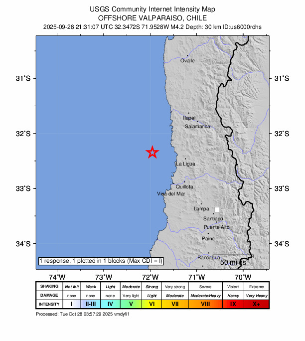 USGS DYFI community-reported intensity map for the M4.2 earthquake near 68 km W of La Ligua, Chile