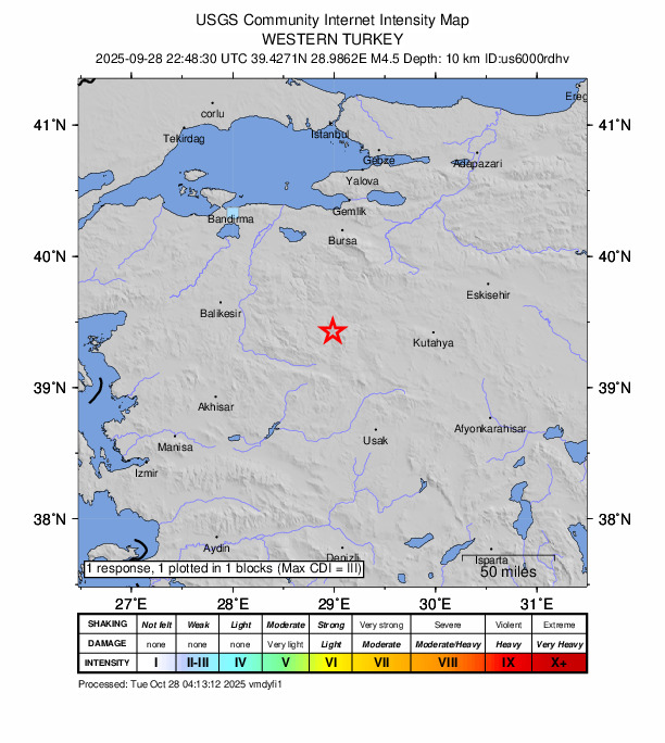 USGS DYFI community-reported intensity map for the M4.6 earthquake near 22 km W of Emet, Turkey