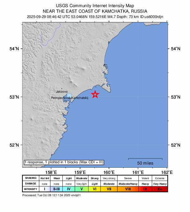 USGS DYFI community-reported intensity map for the M4.7 earthquake near 59 km E of Petropavlovsk-Kamchatsky, Russia