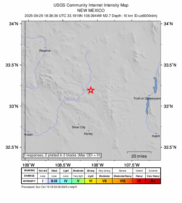 USGS DYFI community-reported intensity map for the M2.7 earthquake near 18 km NNE of Lake Roberts Heights, New Mexico