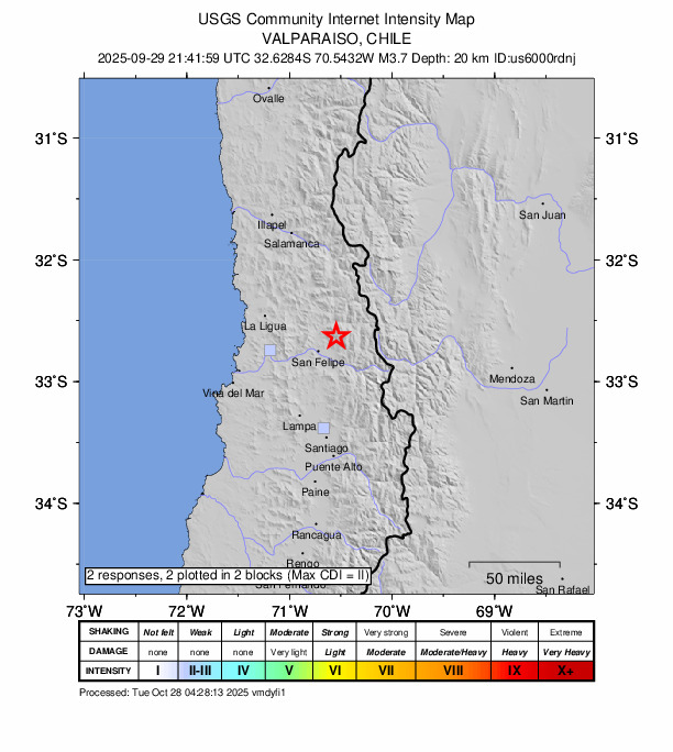 USGS DYFI community-reported intensity map for the M3.7 earthquake near 21 km NE of San Felipe, Chile
