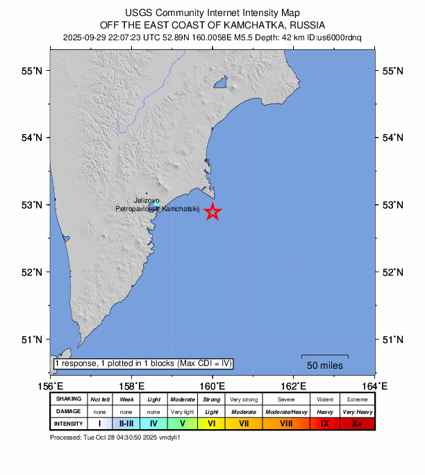 USGS DYFI community-reported intensity map for the M5.5 earthquake near 89 km E of Petropavlovsk-Kamchatsky, Russia