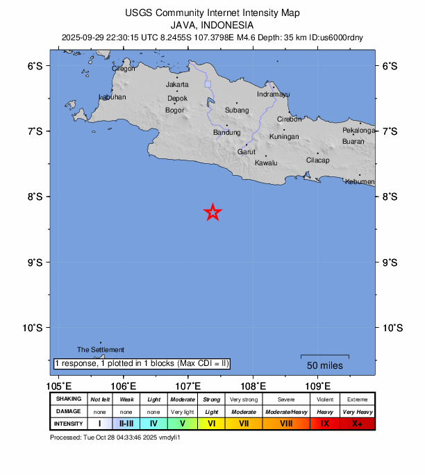 USGS DYFI community-reported intensity map for the M4.6 earthquake near 116 km S of Banjar, Indonesia